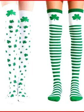 2 Pairs Over The Knee Compression Socks St Patricks Day Shamrock Striped